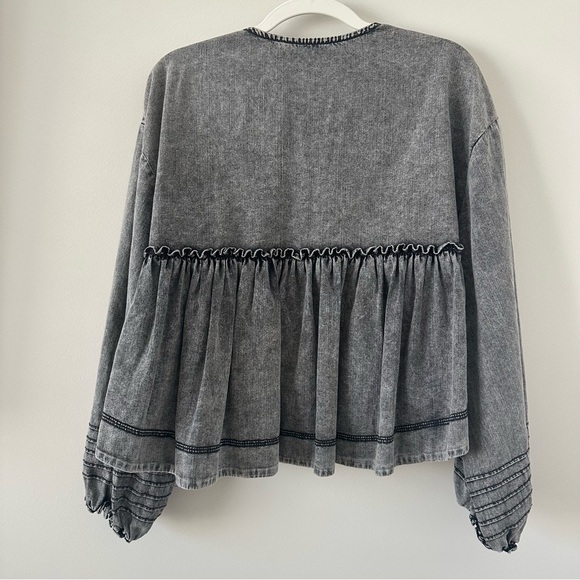 We The Free Free People charlotte smock top washed denim black peplum blouse top - Picture 11 of 15